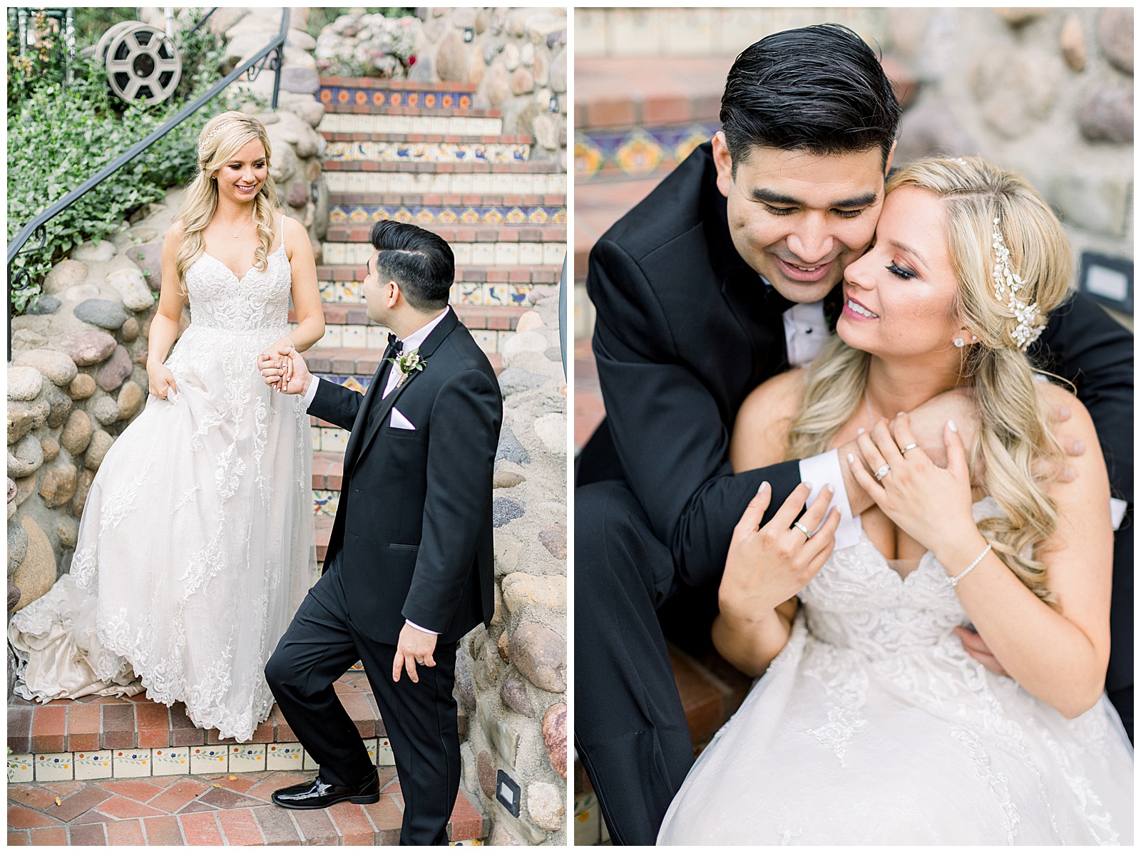 Bride and Groom Portraits on Stairs at Rancho Las Lomas