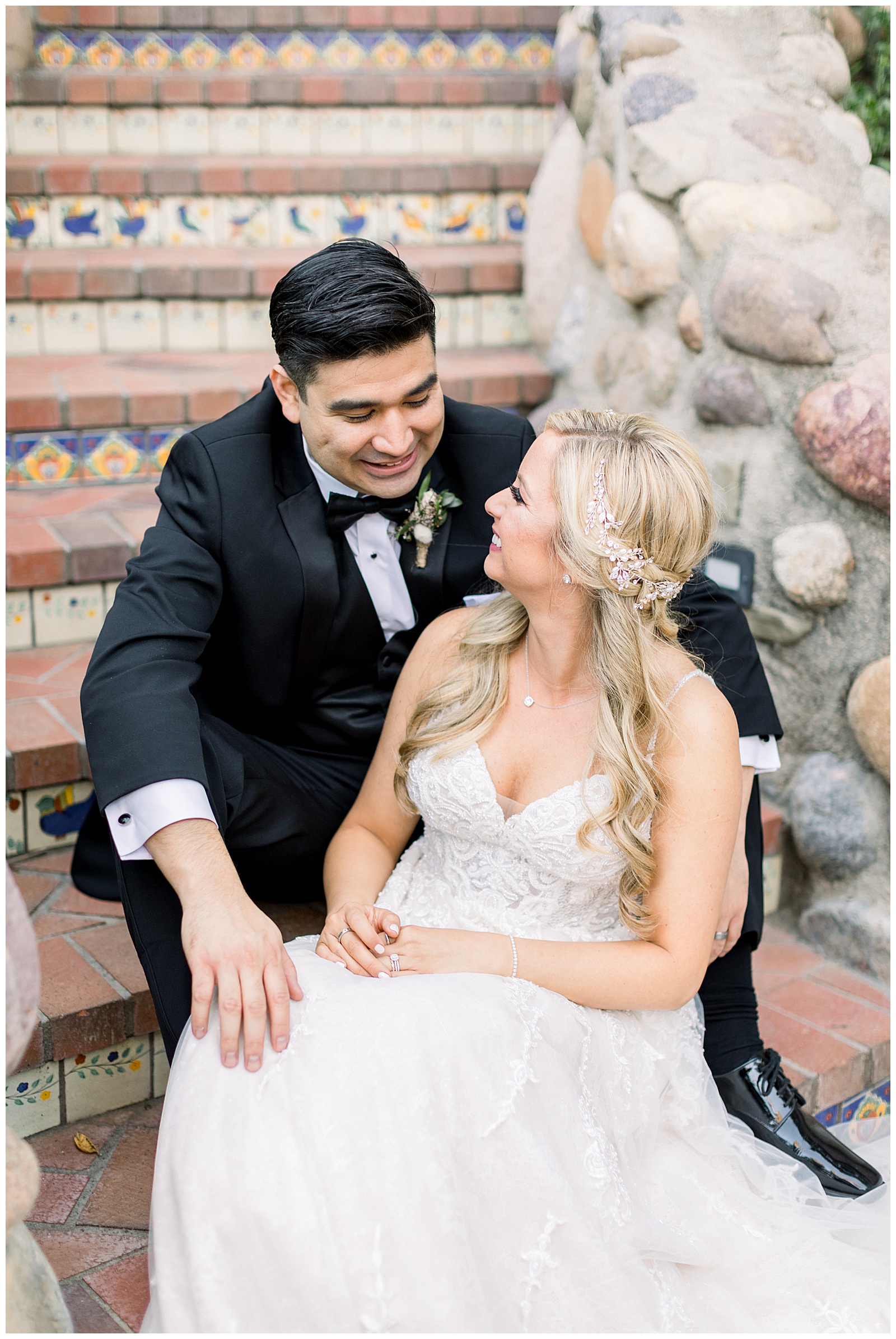 Bride and Groom Portraits on the Stairs at Rancho Las Lomas